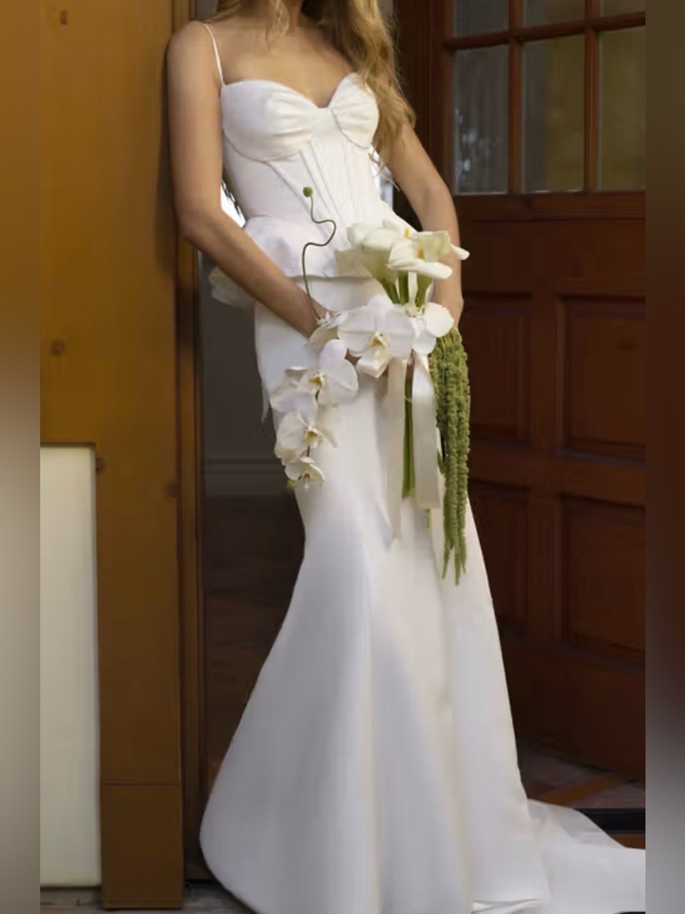 Elegant White Spaghetti-Strap Wedding Gown